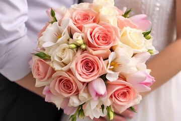 Romantic Wedding Bouquet: White and Pink Roses with Newlywed Couple Created with generative AI tools