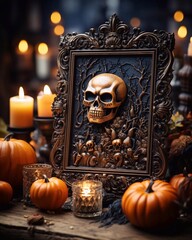Vertical dark frame mockup with scull portrait. Spooky frame for Halloween on the table with pumpkins and candles. Generative AI