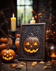 Vertical dark frame mockup with pumpkin. Spooky frame for Halloween on wooden background. Generative AI