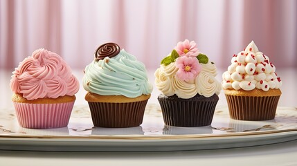  a plate with four cupcakes on it and a pink curtain in the background.  generative ai