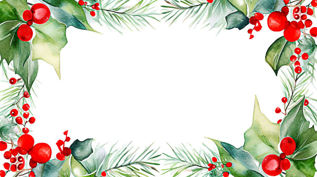 Watercolor Christmas background with holly leaves and berries. hand painted illustration. selective focus.  
