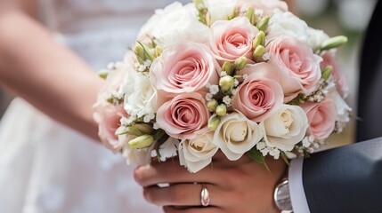 Obraz na płótnie Canvas Brides and grooms hands holding each flower bouquet