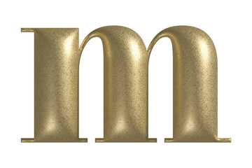 Letter M realistic gold 3d texture. Metal, inflate, lower case m serif font, isolated on transparent background.