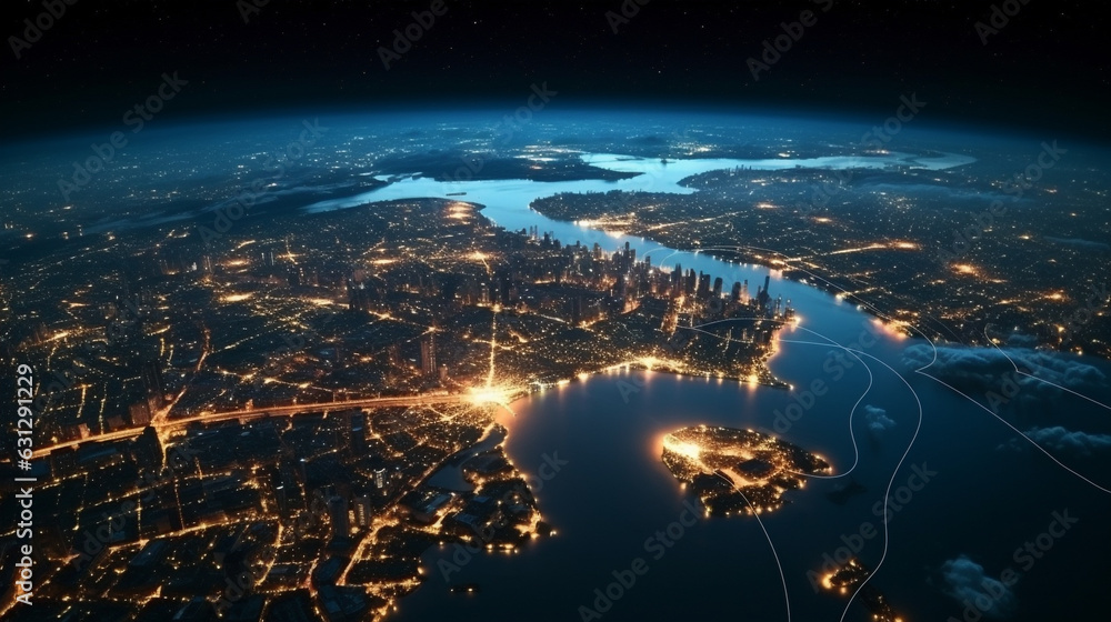 Wall mural aerial view planet earth, glowing cities at night, made with generative ai