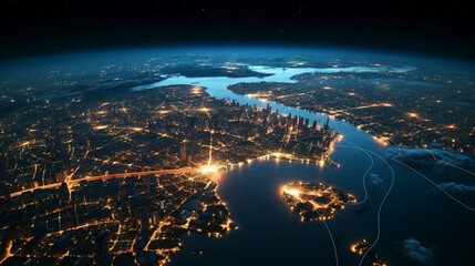 aerial view planet Earth, glowing cities at night, made with Generative AI