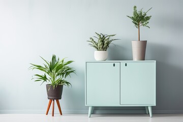 A picture featuring a white wooden cupboard adorned with a vibrant plant and a lampshade in a mint color.
