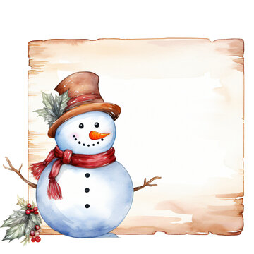 snowman clipart in watercolor painting design in fronat of a sign with copy space isolated against transparent background