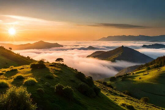 sunrise over the mountains generated Ai. © Abdul