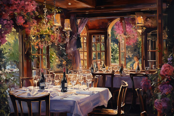 Fototapeta na wymiar A romantic, impressionistic painting of a boutique hotel's gourmet restaurant, vibrant table settings, bustling kitchen, wine bottles, ambient lighting