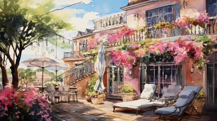 Fototapeta na wymiar A whimsical, watercolor - style image of a boutique hotel's lush rooftop garden, colorful blossoms, wrought - iron furniture, serene water fountain, inviting hammock