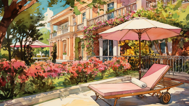 A whimsical, watercolor - style image of a boutique hotel's lush rooftop garden, colorful blossoms, wrought - iron furniture, serene water fountain, inviting hammock
