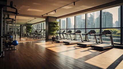 gym within a boutique hotel, state - of - the - art equipment, mirrored walls, wood floors, a large window revealing a city view, modern and sleek