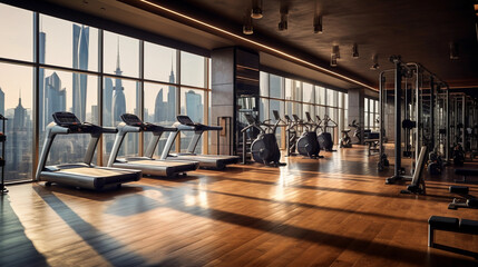 gym within a boutique hotel, state - of - the - art equipment, mirrored walls, wood floors, a large window revealing a city view, modern and sleek