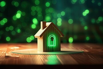 A small wooden house is depicted with a glowing digital lock icon on a green background. The image symbolizes the concept of Smart Home security, home insurance, real estate and property protection