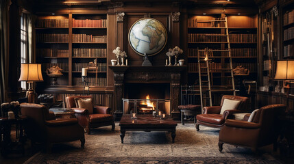 Intriguing image of a boutique hotel's library, filled with antique books, mahogany bookshelves reaching the ceiling, a vintage globe, luxurious leather armchairs, fireplace, dimmed lights