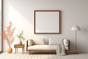 A simplistic living room interior with a modern aesthetic, featuring a simulated poster frame and empty space for customization, a modular sofa, a brown sideboard, a vase with dried flowers, and