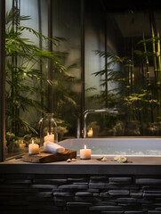 Obraz na płótnie Canvas Spa area in a boutique hotel, Zen ambiance, flickering candles, stone bathtub, bamboo plants, soft white towels, steamy atmosphere, soothing, peaceful