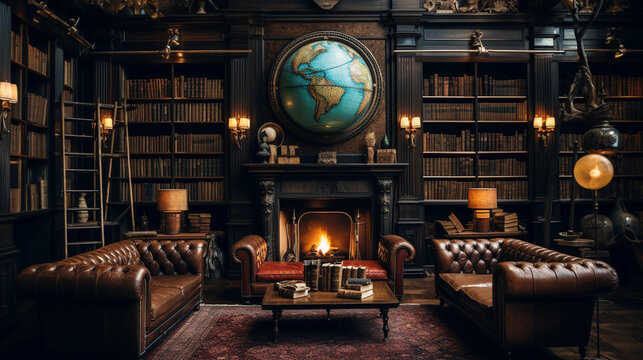 Intriguing image of a boutique hotel's library, filled with antique books, mahogany bookshelves reaching the ceiling, a vintage globe, luxurious leather armchairs, fireplace, dimmed lights