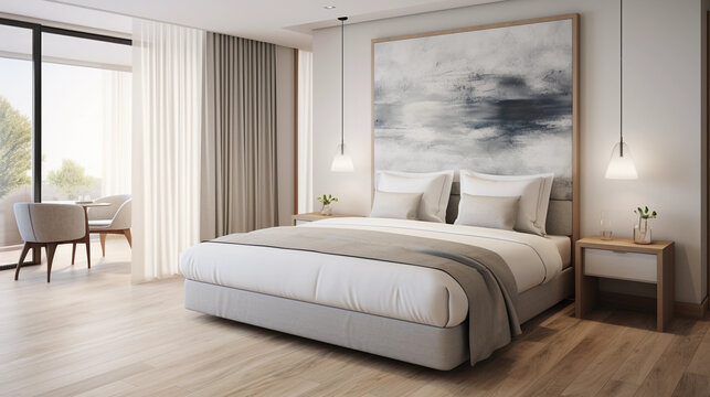 Stylish boutique hotel bedroom, king - sized bed with luxury linen, soft ambient light, minimalistic decor, contemporary artwork, wooden floors, architectural details