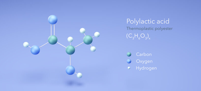 polylactic acid molecule, molecular structures, thermoplastic polyester, 3d model, Structural Chemical Formula and Atoms with Color Coding