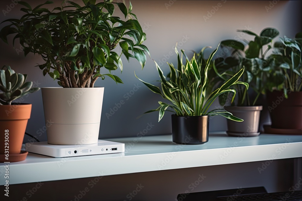 Canvas Prints A recently installed white wireless internet router is located close to a potted plant on a dark shelf.