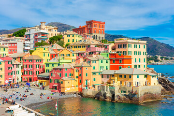 View of the colorful town of Boccadasse by the sea, Genoa, Liguria - obrazy, fototapety, plakaty