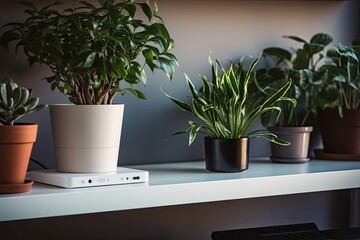A recently installed white wireless internet router is located close to a potted plant on a dark shelf. - obrazy, fototapety, plakaty