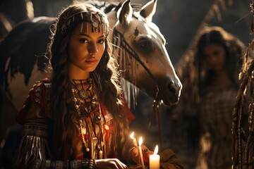 American Indian girl in a national costume with beads and feathers in her hair. Sunbeams and a horse. wild west theme. cover of a women's novel. Generative AI