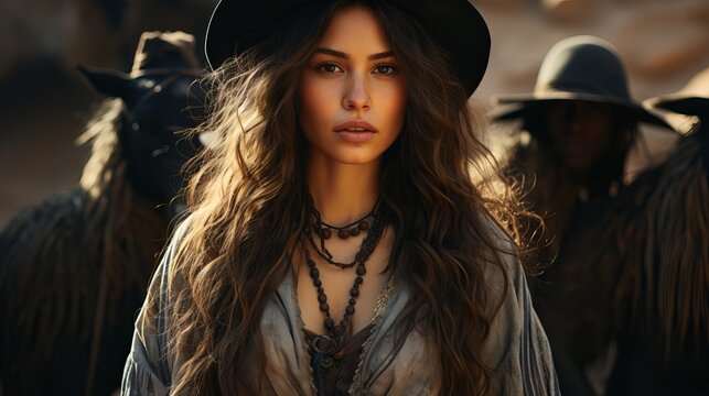 American Indian girl in a national costume with beads and feathers in her hair. Sunbeams and a horse. wild west theme. cover of a women's novel. Generative AI