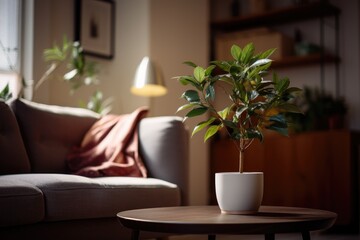 A photo of a living room with a plant in the foreground, but the image appears unclear or slightly out of focus.