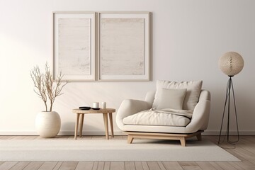 A template featuring a minimalist design for a sophisticated living room area. The space includes a white boucle armchair, mock up frames for photos, a carpet, a coffee table, a lamp, decorative items