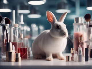Rabbit with cosmetics in the laboratory. Animal testing
