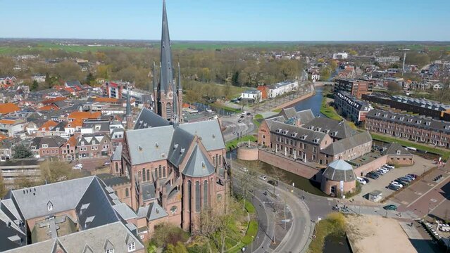 Aerial drone video of the church and town centre of Woerden in the Netherlands