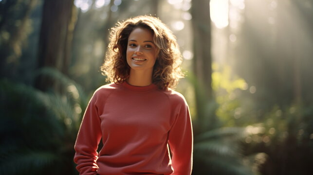 Adorable Happy Girl With Brown Hair In Sweater. Beautiful Thirty Year Old Woman With Curly Brown Hair And A Red Sweater Smiling Standing In The Forest Park. Sunny Day. Generative Ai