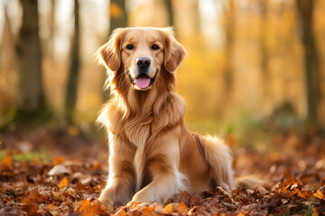 Portrait of a Golden Retriever in the Woods During Fall