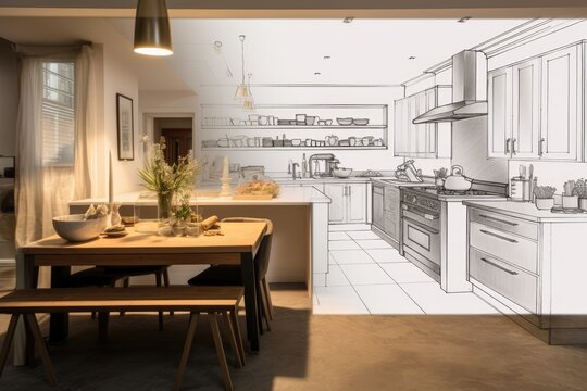 A split screen showing a diagonal arrangement of both a drawing and a photograph showcasing a stunning new kitchen.