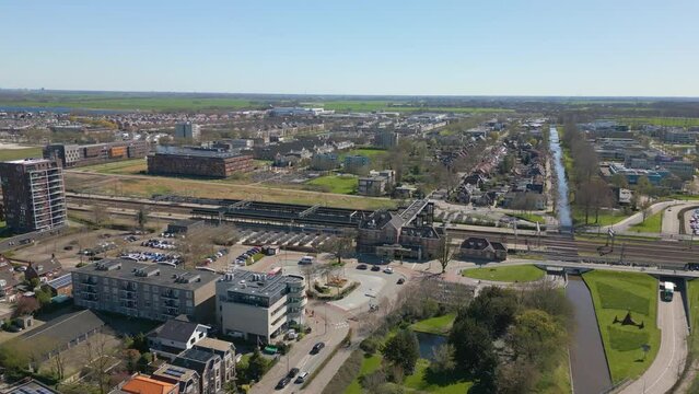 Aerial drone view of the train station in Woerden, the Netherlands
