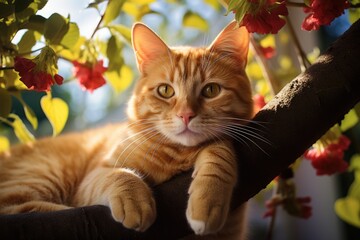 A photograph capturing the intense gaze of a vibrant, bold orange tabby in its comfortable domestic setting. - Powered by Adobe