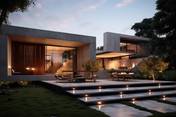 Obraz premium A stunning contemporary home made of cement, featuring a garden view, creating a breathtaking sight at night.