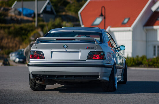 Lindesnes, Norway - August 16 2005: Rear view of a Silver E36 BMW M3 sports coupe.