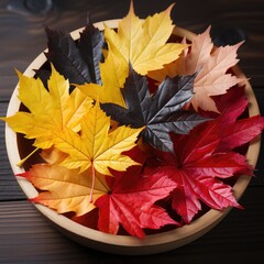 Autumn maple leaves yellow and red lie in a circle on a wooden floor. Generative AI