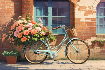 Fototapeta na wymiar vintage bicycle, brick wall on background, flowers, daylight, retro, anime style wallpaper