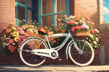 Fototapeta na wymiar vintage bicycle, brick wall on background, flowers, daylight, retro, anime style wallpaper