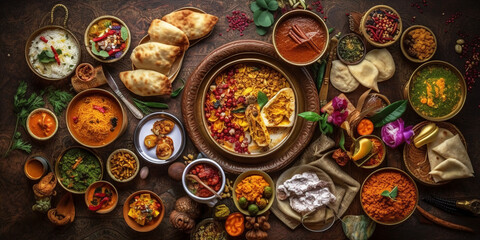 Top view of a colorful assortment of Indian food. Delicious food and spices with vivid color. Generative AI.