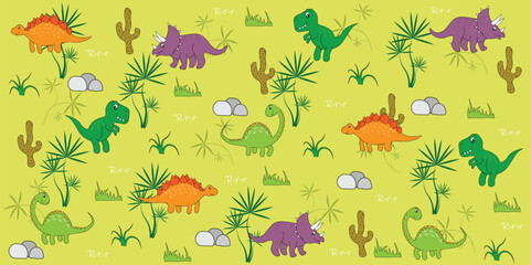 Cute seamless pattern with dinosaurs and cactuses.  © yuliiamarchenko