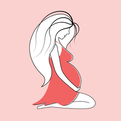 Pregnant woman in a red dress. Vector illustration isolated on pink background.