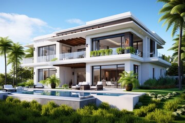 Fototapeta premium A stunning luxury home exterior adorned with a balcony, surrounded by lush green grass, on a bright and sunny afternoon.