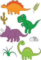 Cartoon dinosaurs set on white background. Vector illustration for kids.