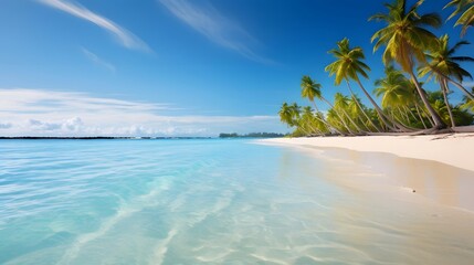 Fototapeta na wymiar Panoramic view of beautiful tropical beach with coconut palm trees.