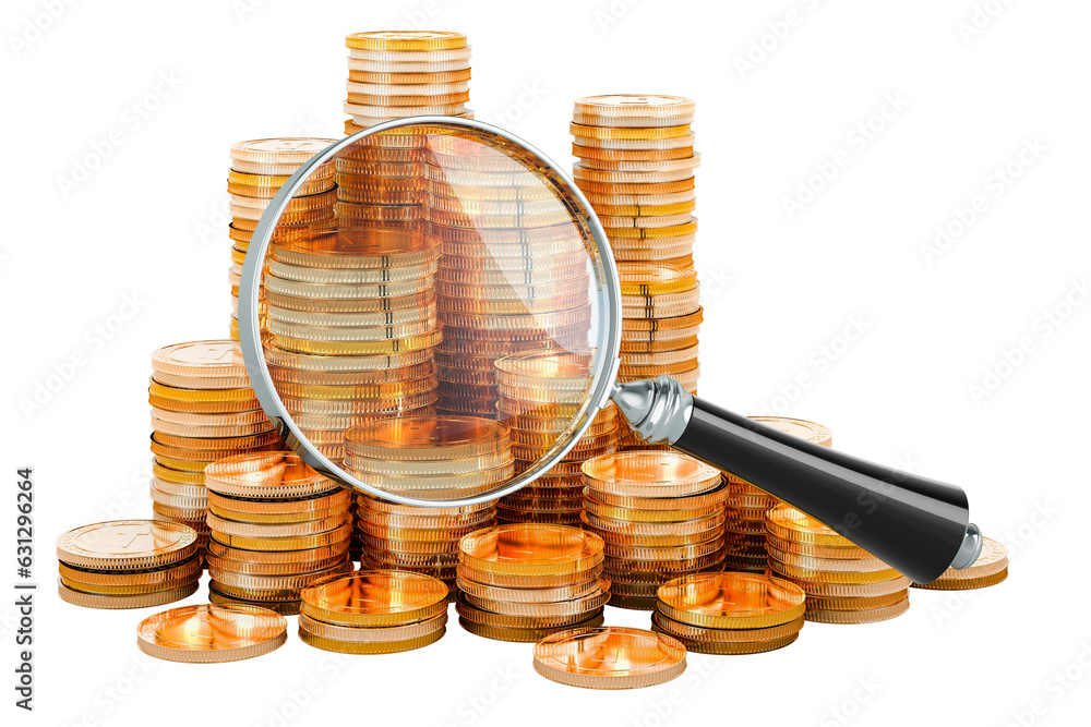 Poster golden coins with magnifier, 3d rendering isolated on transparent background